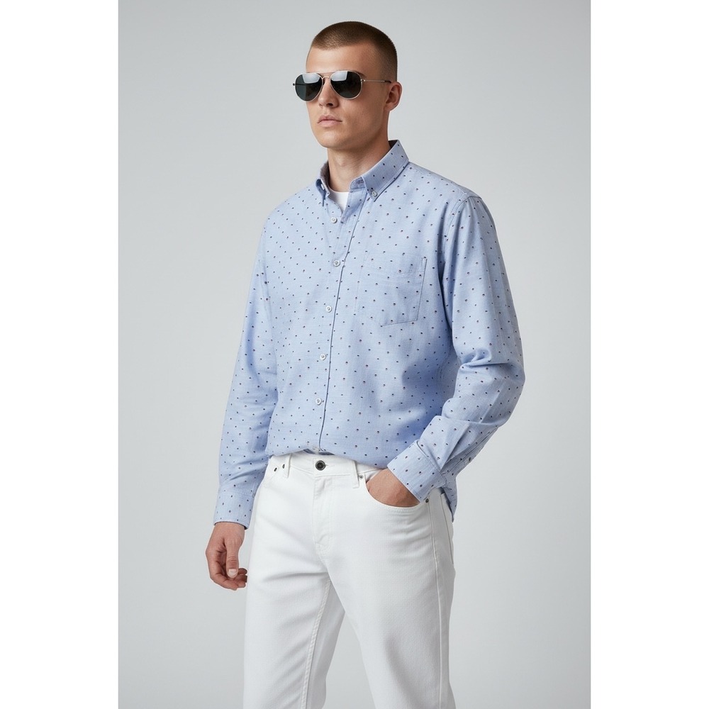 ROWM Mens XL Light Blue Geometric Print Button Down Cotton Shirt Casual Core